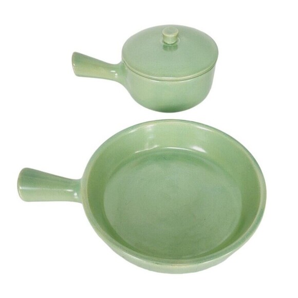 VTG 40s 50s MCM La Solana Stoneware Pottery Cookware Set Pots Pans & Bowl Green - Picture 6 of 16